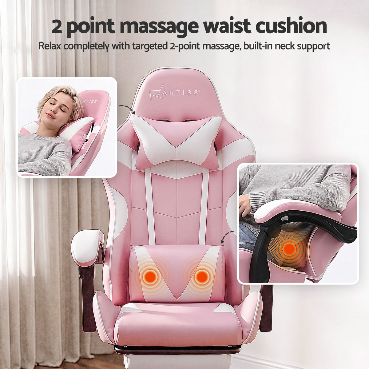 2 Point Massage Gaming Office Chair Footrest Pink