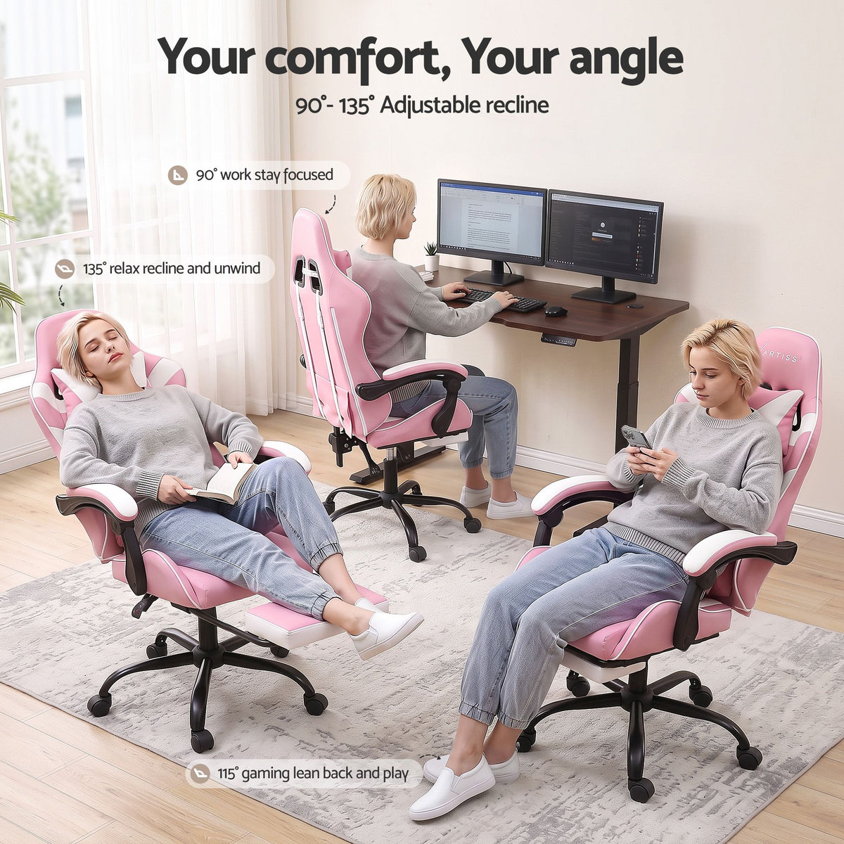 2 Point Massage Gaming Office Chair Footrest Pink
