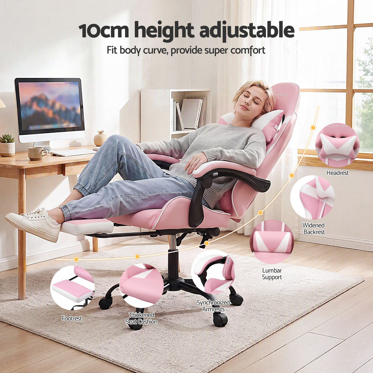 2 Point Massage Gaming Office Chair Footrest Pink