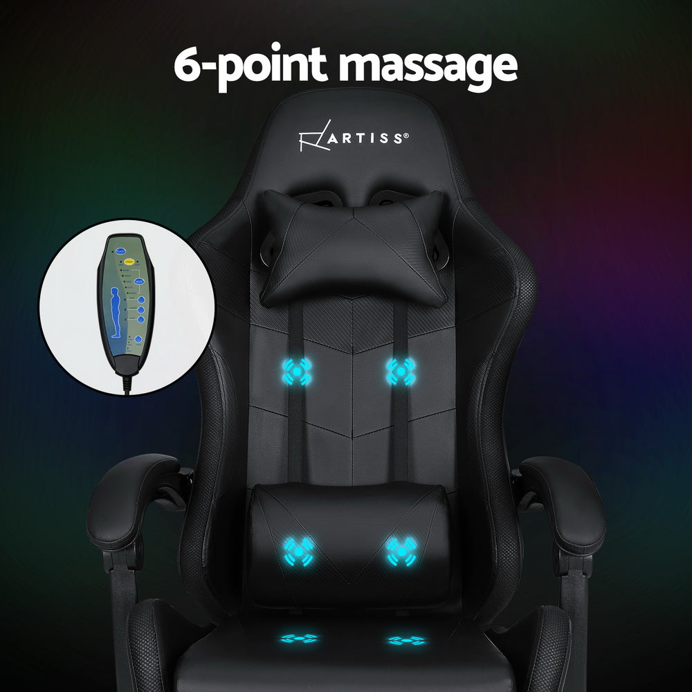 Aria 6 Point Massage Gaming Office Chair 7 LED Footrest Black