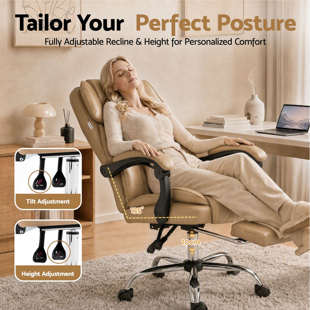 Office Chair PU Leather Tan Adjustable Height