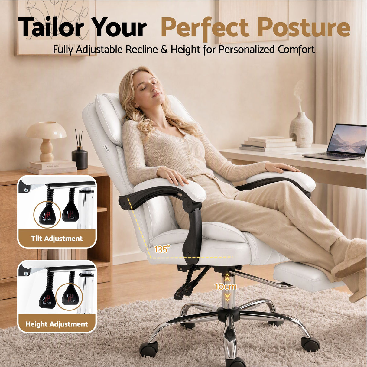 Office Chair Fabric & Foam White Adjustable Height