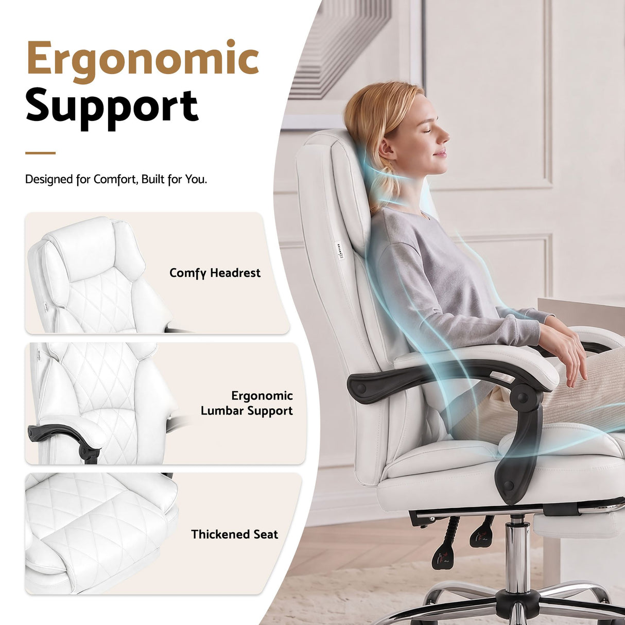 Office Chair Fabric & Foam White Adjustable Height
