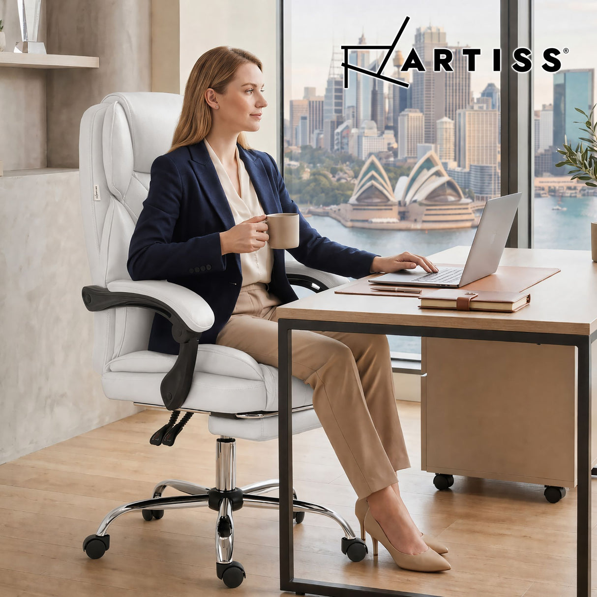 Office Chair Fabric & Foam White Adjustable Height