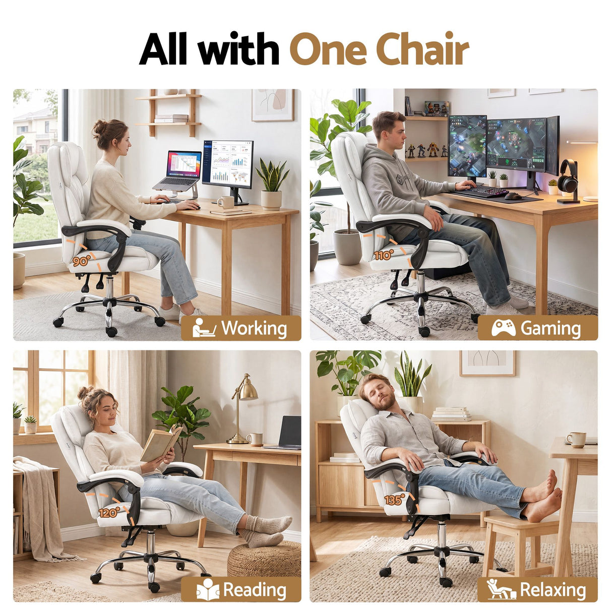 Office Chair Fabric & Foam White Adjustable Height