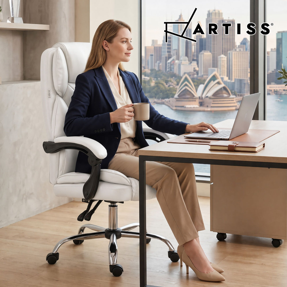 Office Chair Fabric & Foam White Adjustable Height