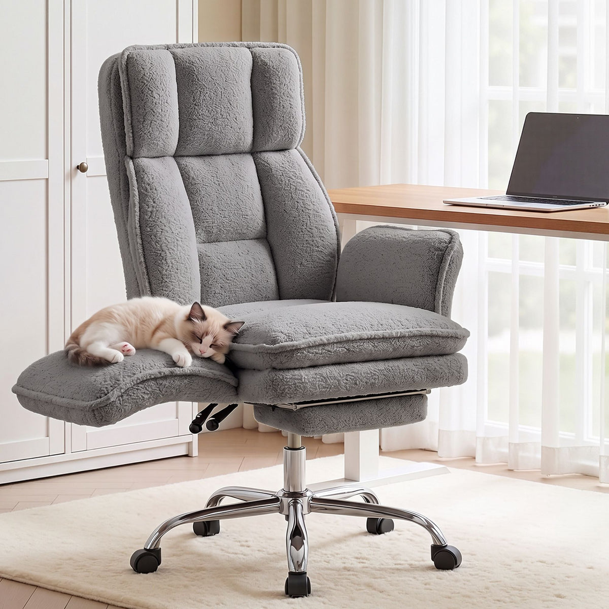 Artiss Big & Tall Criss Cross Office Chair with Flip Armrests Foot Rest Reclining Teddy Fleece Grey