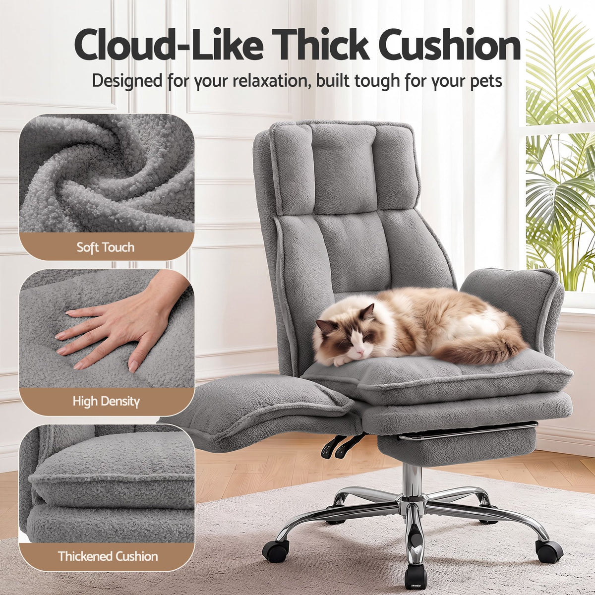 Artiss Big & Tall Criss Cross Office Chair with Flip Armrests Foot Rest Reclining Teddy Fleece Grey