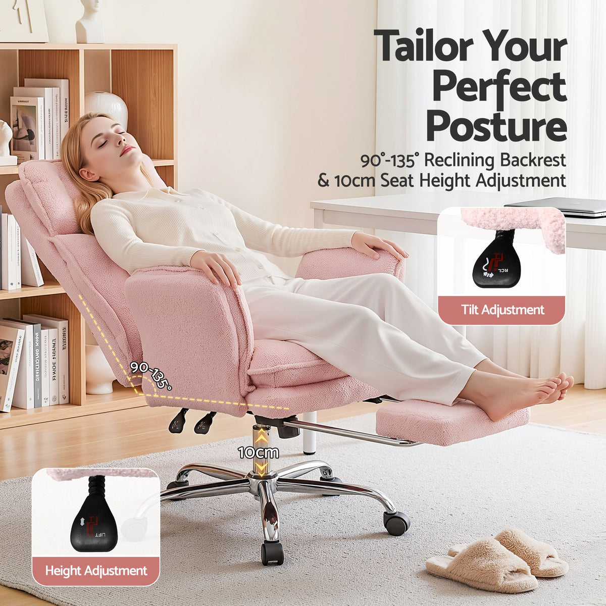 Artiss Big & Tall Criss Cross Office Chair with Flip Armrests Foot Rest Reclining Teddy Fleece Pink