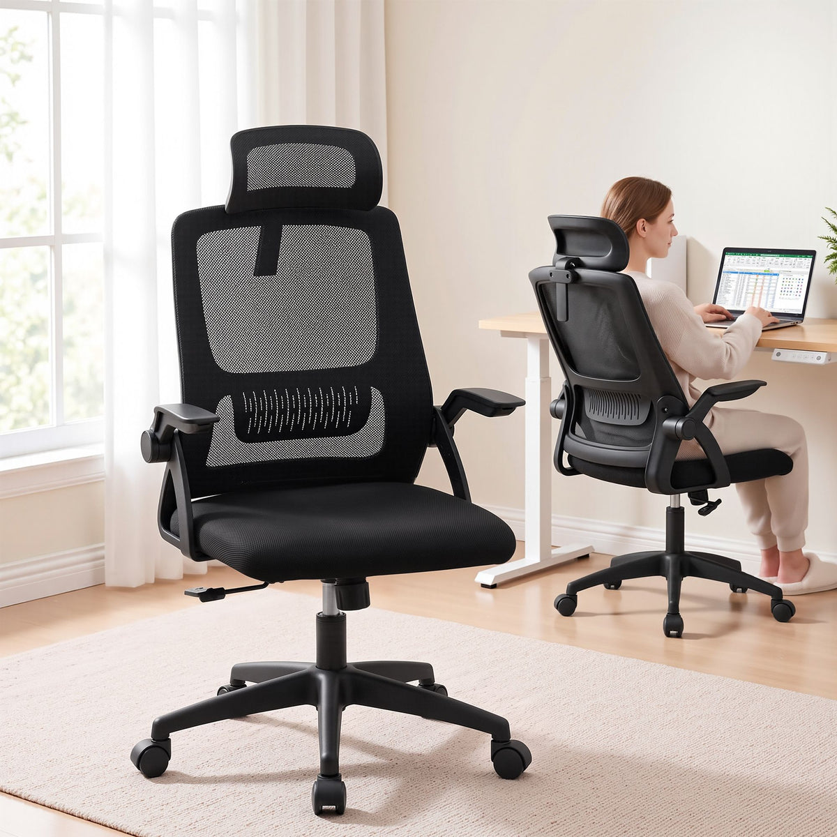 Artiss Ergonomic Office Chair Mesh Deak Chair with Flip-up Arms Adjustable Headrest Black