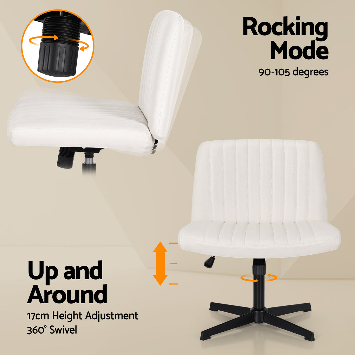 Artiss Criss Cross Chair No Wheels Fabric Wide Cross Legged Office Desk Vanity Chair Armless, Height Adjustable, Swivel Home Office Chair for Home Computer Task, Beige