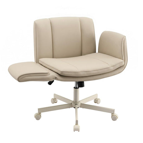Artiss Cross Legged Office Chair PU Leather Swivel Vanity Chair Wide Seat Adjustable Arms Beige