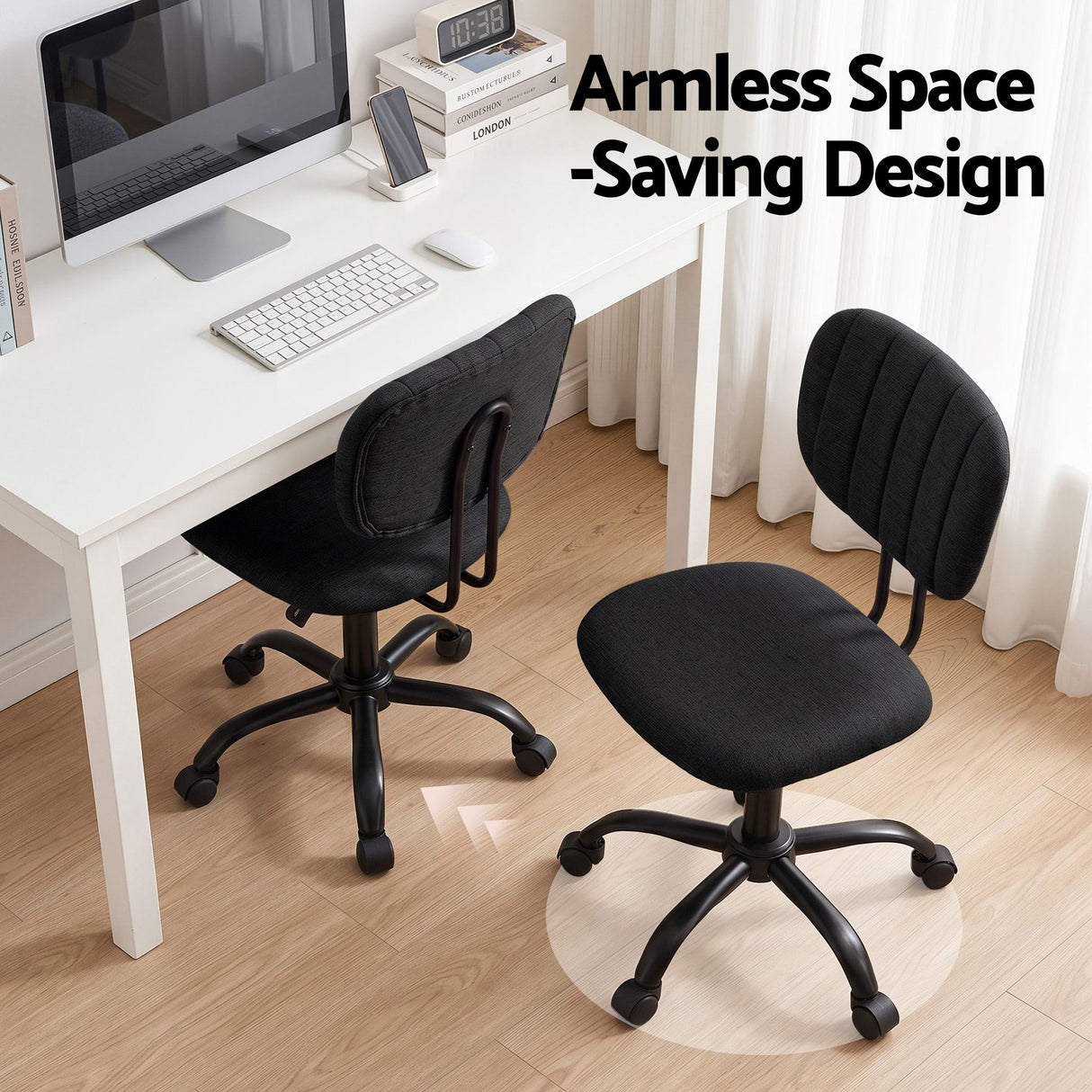 Artiss Armless Office Chair with Wheels, Ergonomic 360° Swivel Home Office Desk Chair, Height Adjustable Computer Task Chair with Fabric Back and Seat for Small Space, Black
