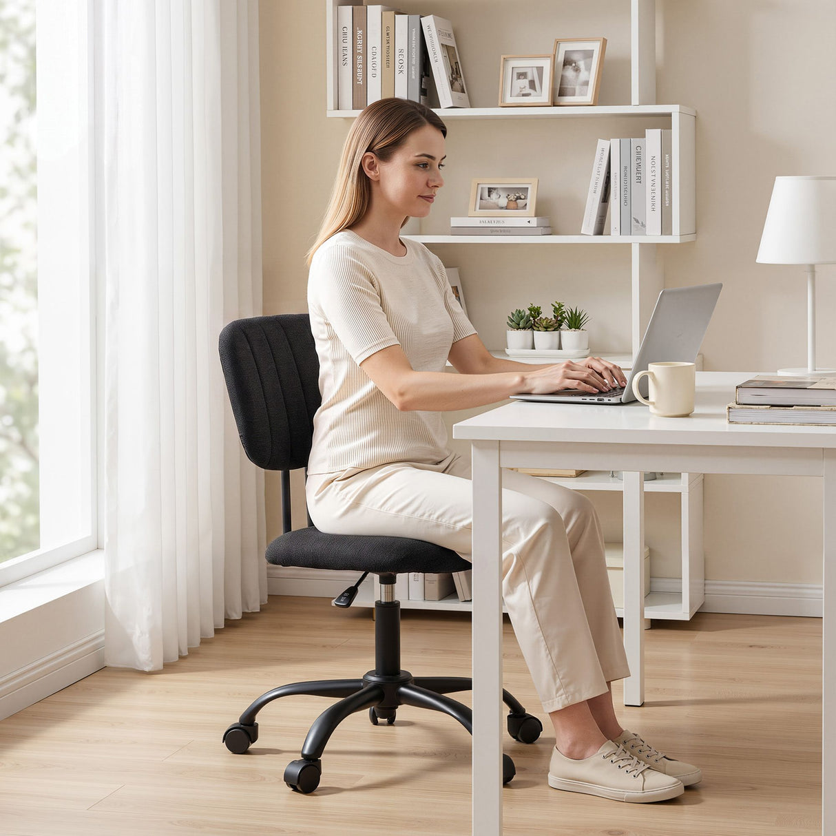 Artiss Armless Office Chair with Wheels, Ergonomic 360° Swivel Home Office Desk Chair, Height Adjustable Computer Task Chair with Fabric Back and Seat for Small Space, Black