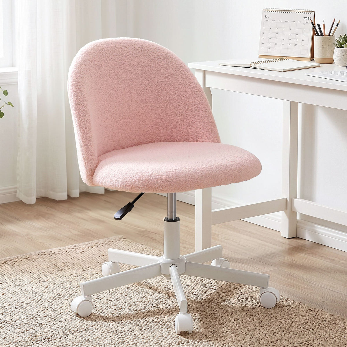 Artiss Office Chair Armless Swivel Vanity Desk Chair with Wheels Teddy Fleece Pink