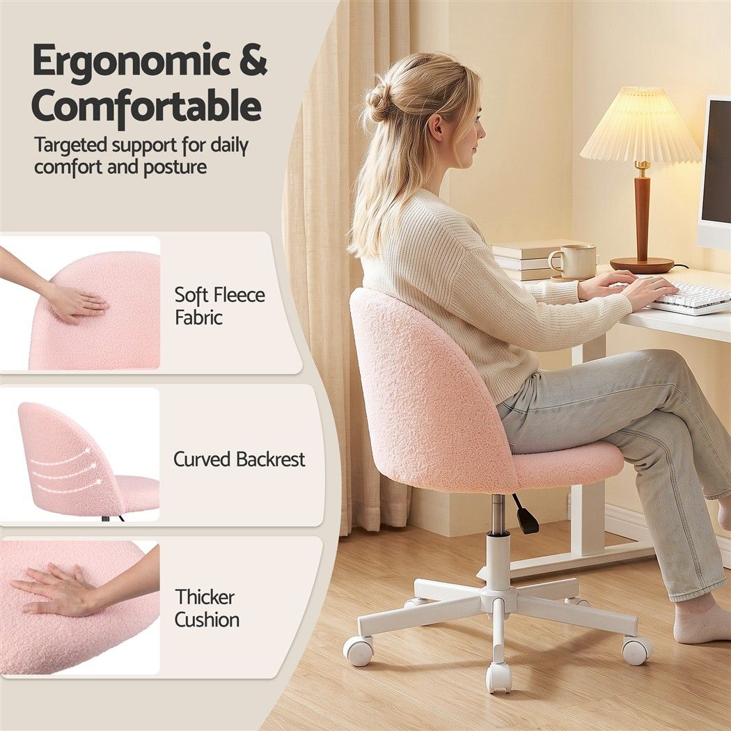 Artiss Office Chair Armless Swivel Vanity Desk Chair with Wheels Teddy Fleece Pink