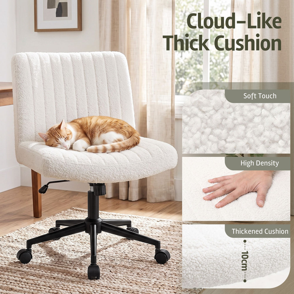 Artiss Armless Cross Legged Office Chair Wide Seat Vanity Chair Teddy Fleece Beige