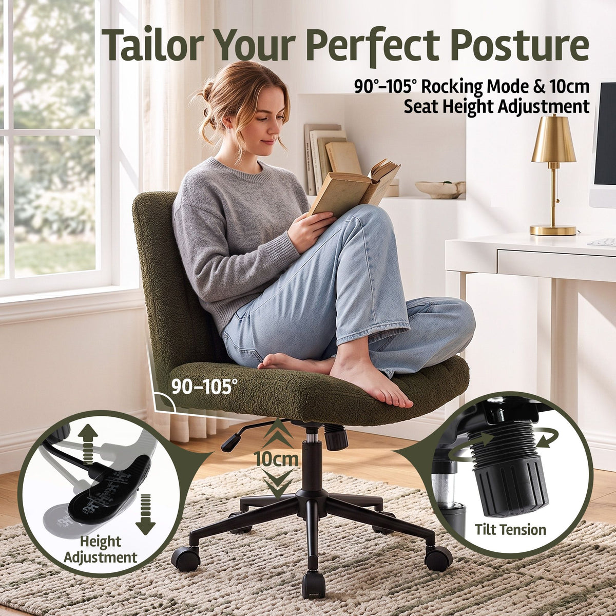 Artiss Armless Cross Legged Office Chair Wide Seat Vanity Chair Teddy Fleece Green