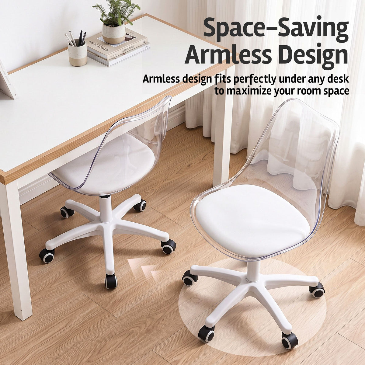 Artiss Clear Acrylic Office Chair Armless Swivel Vanity Desk Chair Mondern White