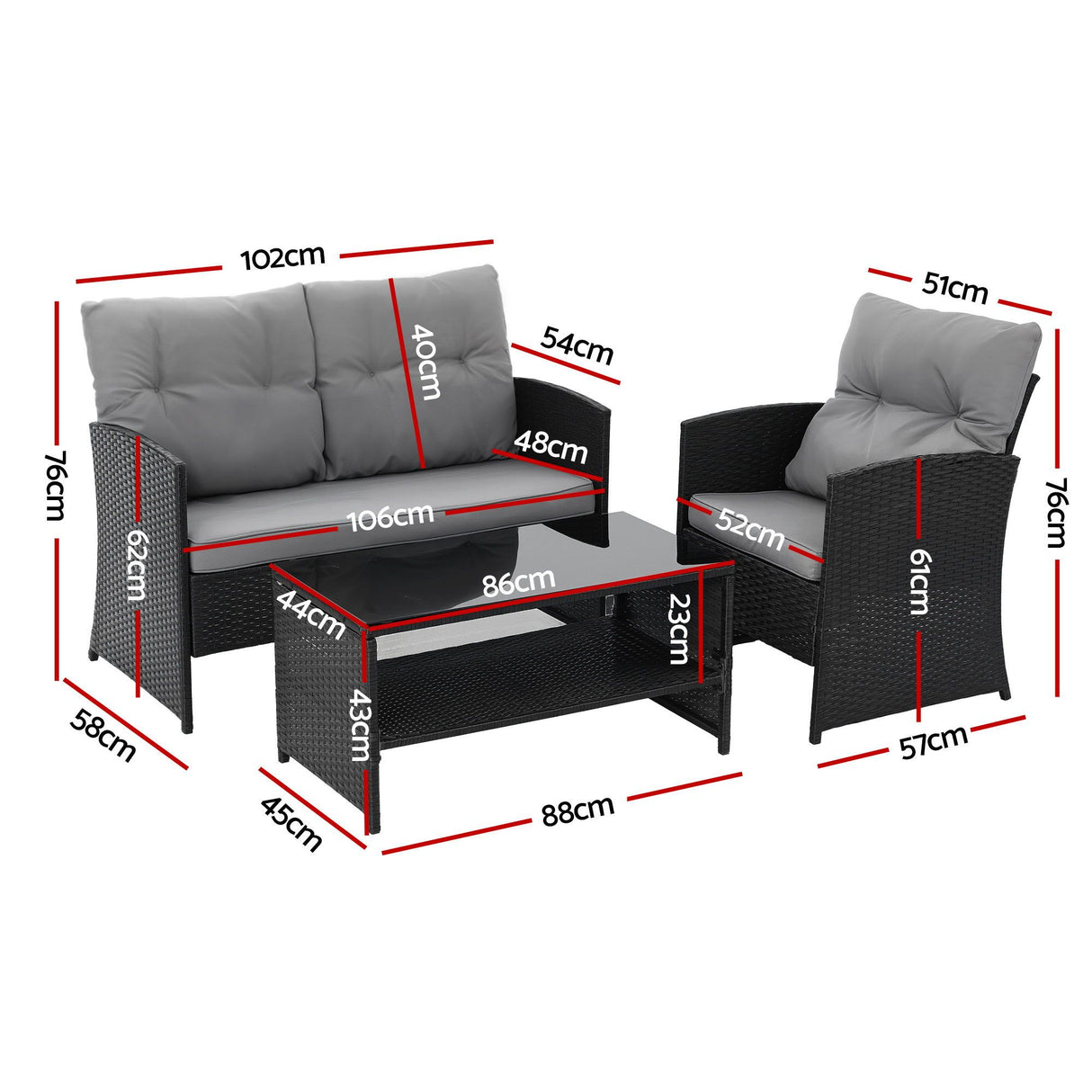 Gardeon 4-Piece Outdoor Sofa Set Coffee Table Chair Rattan Furniture Black