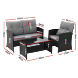 Gardeon 4-Piece Outdoor Sofa Set Coffee Table Chair Rattan Furniture Black