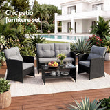 Gardeon 4-Piece Outdoor Sofa Set Coffee Table Chair Rattan Furniture Black