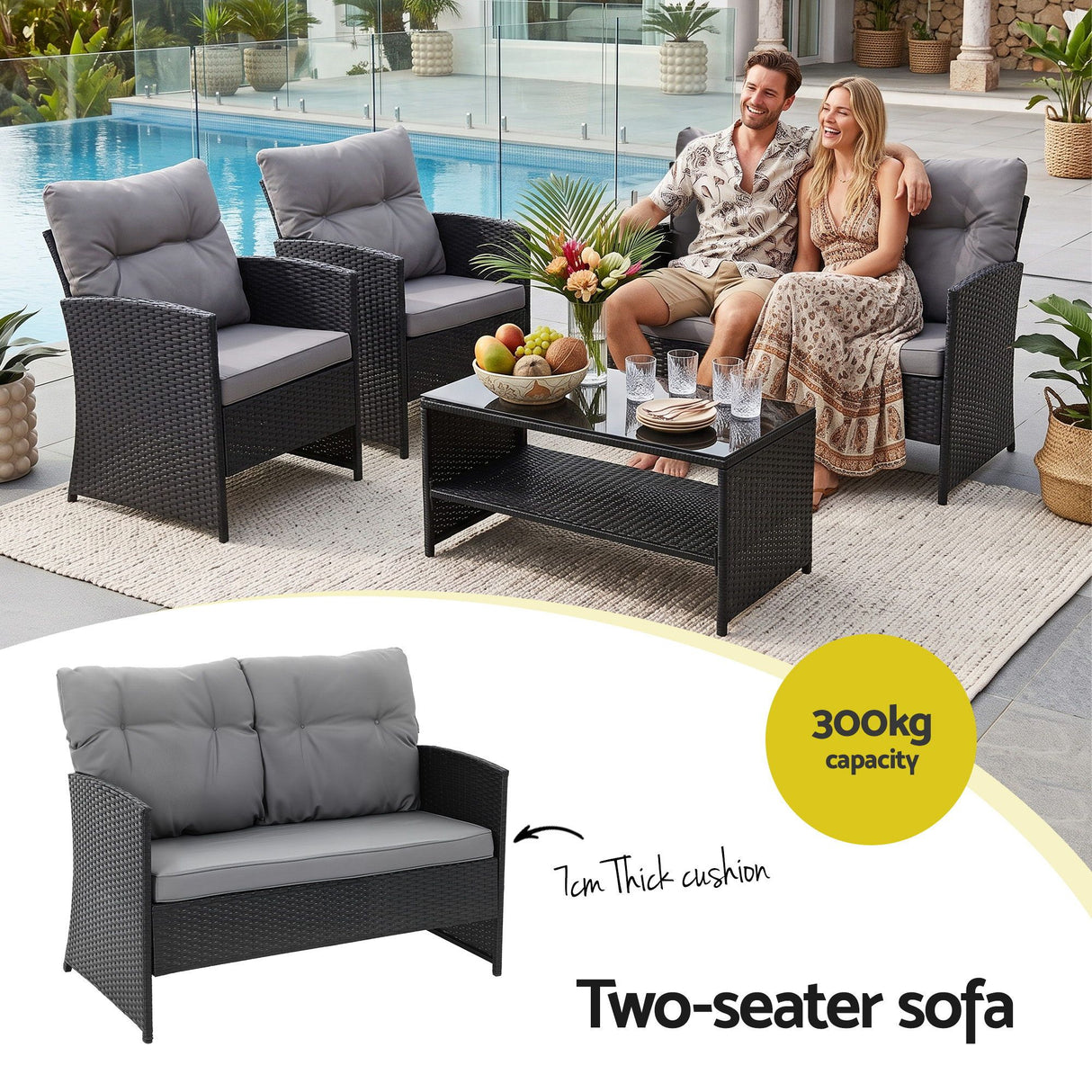 Gardeon 4-Piece Outdoor Sofa Set Coffee Table Chair Rattan Furniture Black
