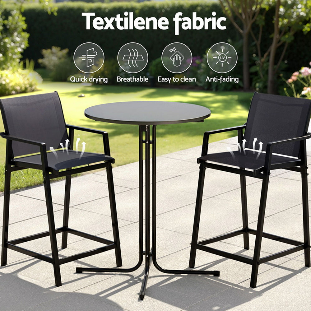 Gardeon 3PC Outdoor Bar Set Stools Dining Chairs Table Patio Furniture Bistro Set Steel Black