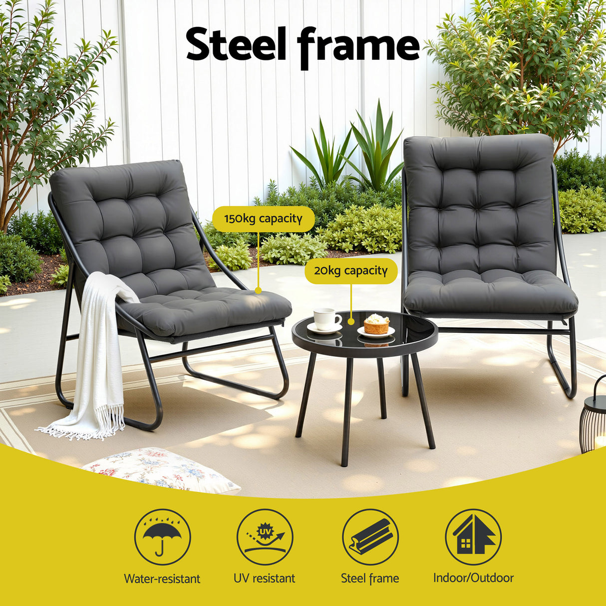 Gardeon 3PC Outdoor Bistro Set Patio Furniture Table and Chairs Steel Dining Chair