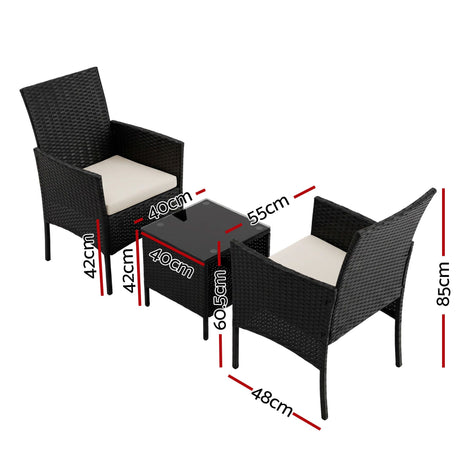 Gardeon 3PC Outdoor Bistro Set Patio Furniture Wicker Setting Chairs Table Cushion Black
