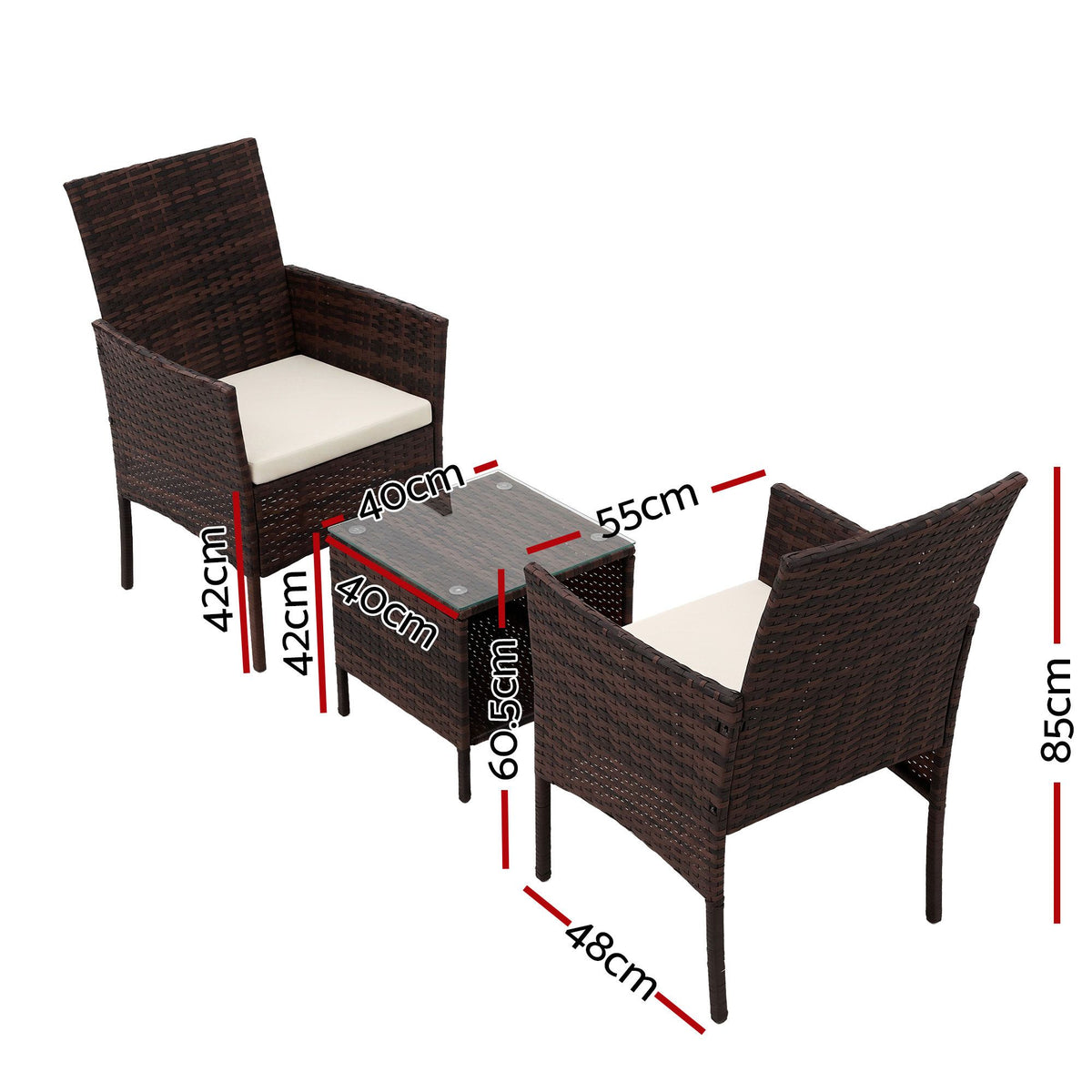 Gardeon 3PC Outdoor Bistro Set Patio Furniture Wicker Setting Chairs Table Cushion Brown