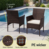 Gardeon 3PC Outdoor Bistro Set Patio Furniture Wicker Setting Chairs Table Cushion Brown