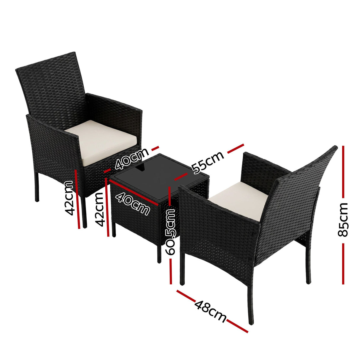 Gardeon 3PC Outdoor Bistro Set Patio Furniture Wicker Chairs Table Cushion All Black