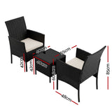 Gardeon 3PC Outdoor Bistro Set Patio Furniture Wicker Chairs Table Cushion All Black