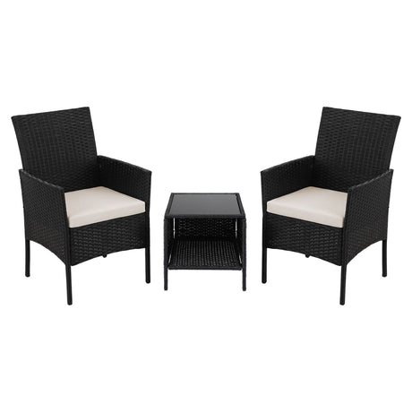 Gardeon 3PC Outdoor Bistro Set Patio Furniture Wicker Chairs Table Cushion All Black
