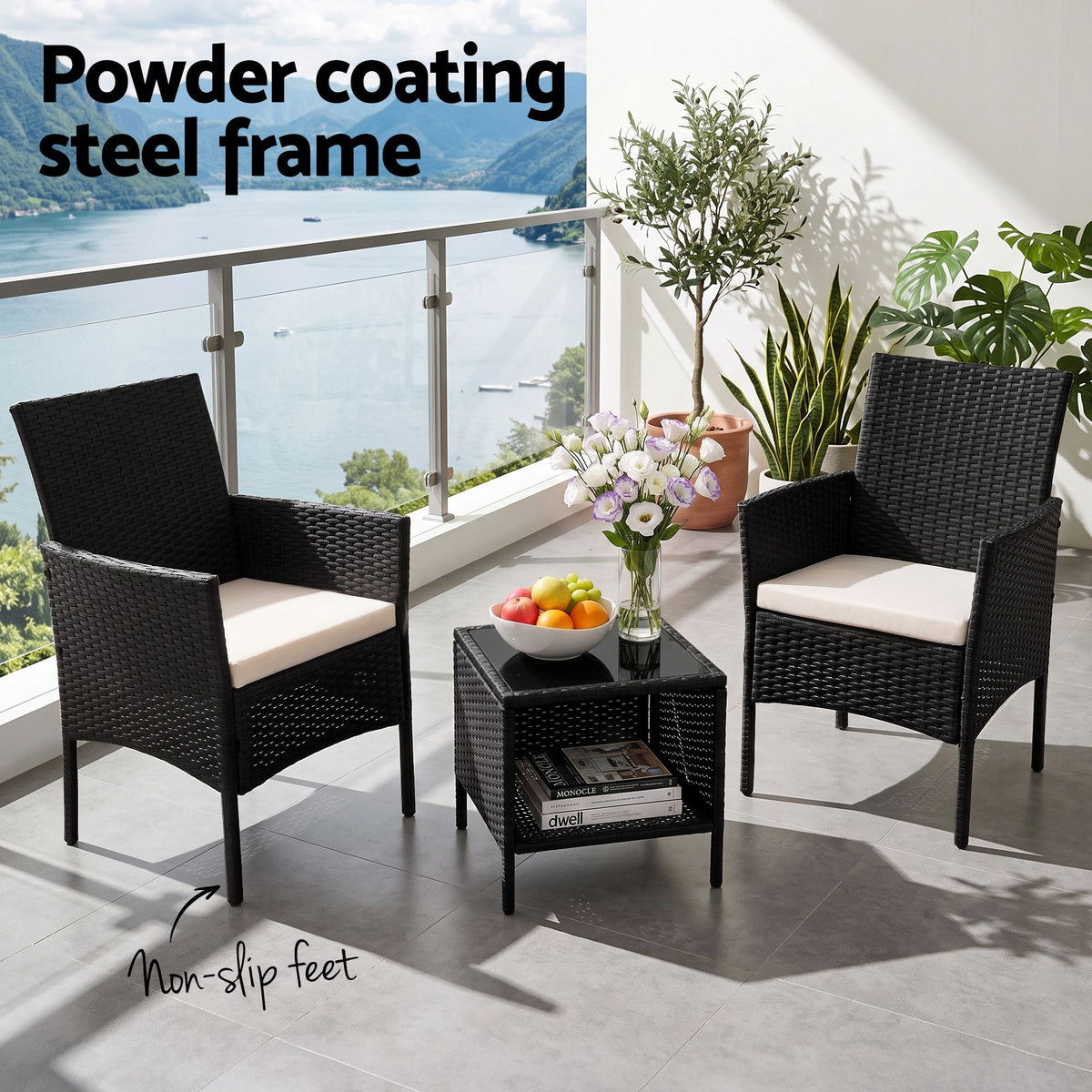 Gardeon 3PC Outdoor Bistro Set Patio Furniture Wicker Chairs Table Cushion All Black