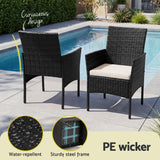 Gardeon 3PC Outdoor Bistro Set Patio Furniture Wicker Chairs Table Cushion All Black