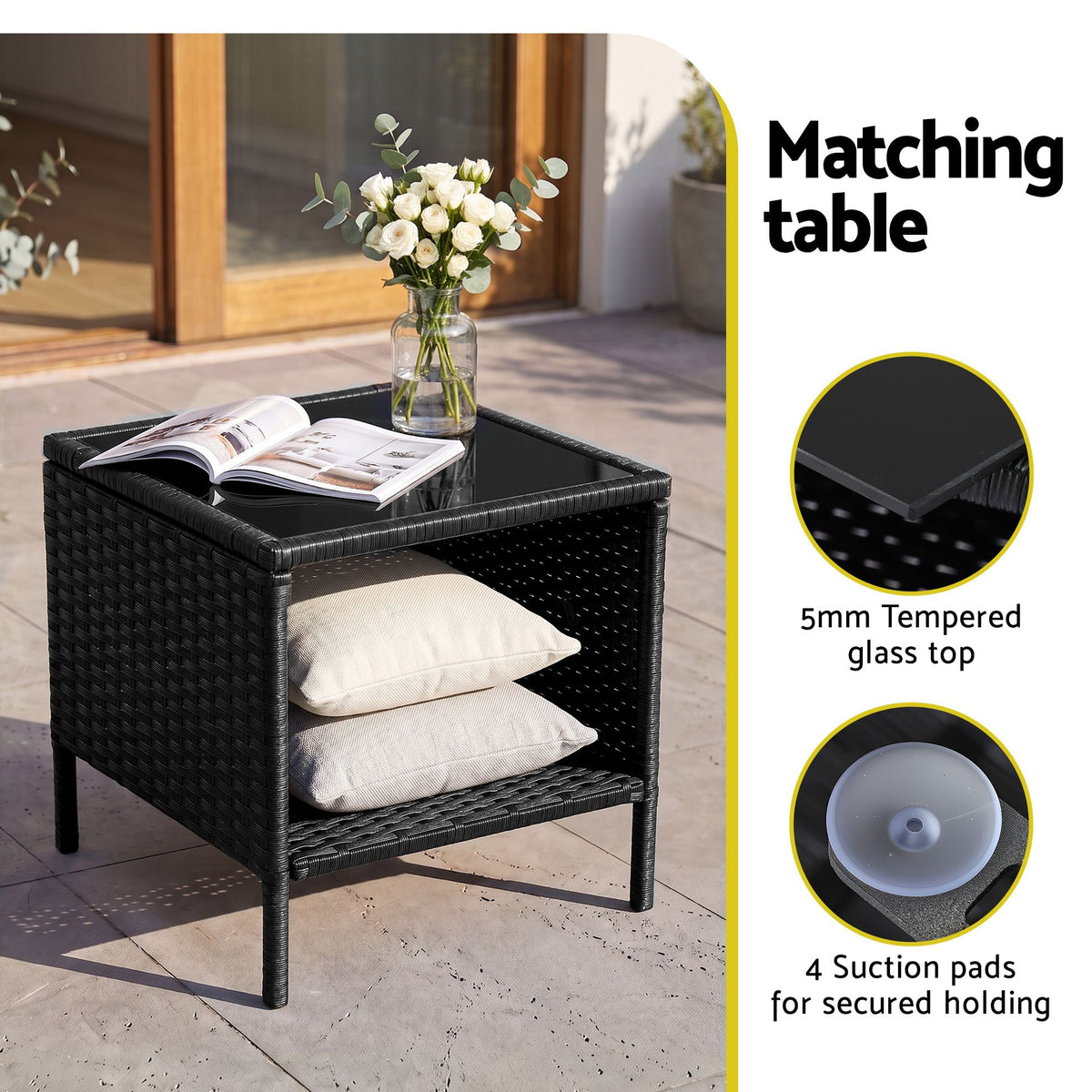 Gardeon 3PC Outdoor Bistro Set Patio Furniture Wicker Chairs Table Cushion All Black