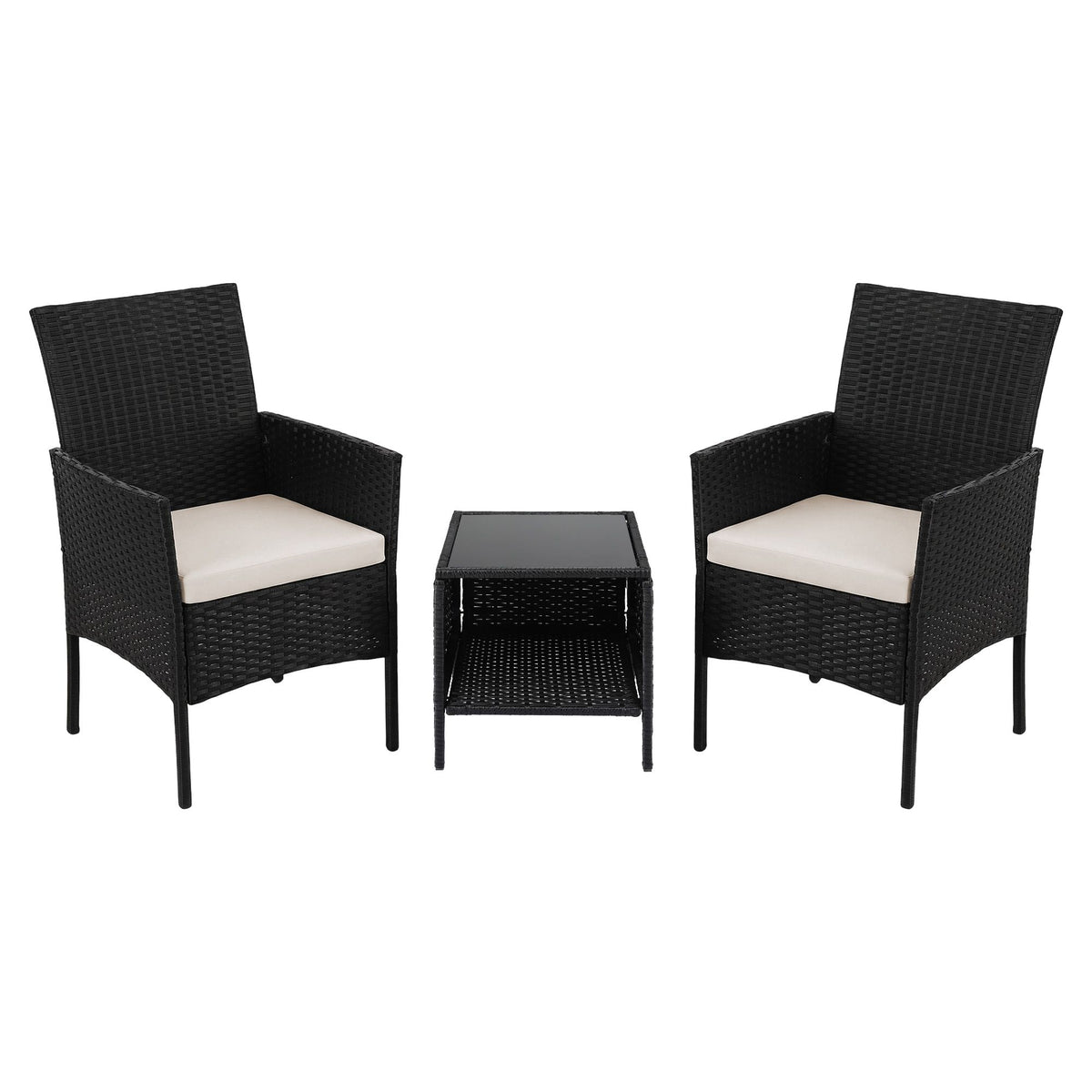 Gardeon 3PC Outdoor Bistro Set Patio Furniture Wicker Chairs Table Cushion All Black