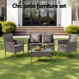 Gardeon 4-Piece Outdoor Sofa Set Rattan Furniture with Two Pillows Grey