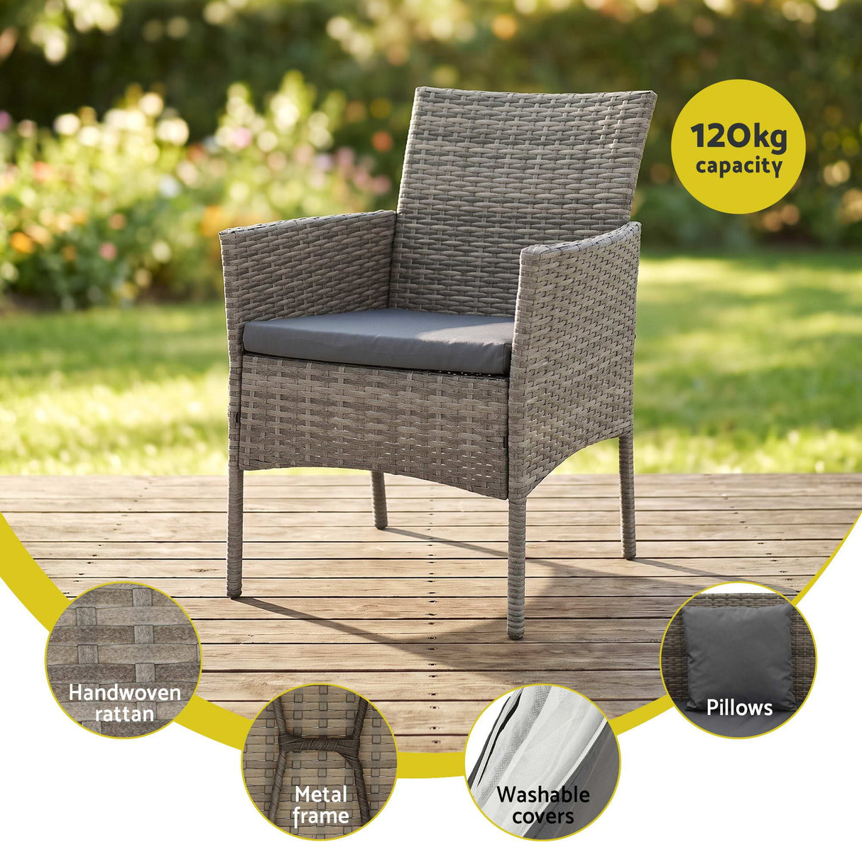 Gardeon 4-Piece Outdoor Sofa Set with Two Pillows Rattan Furniture Grey