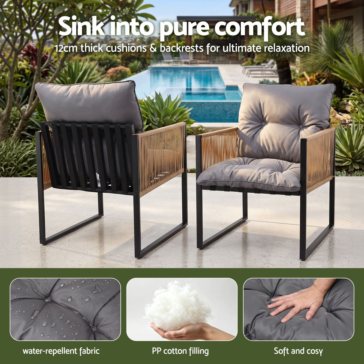 Gardeon 2PC Outdoor Dining Chair Wicker Patio Armchair Cushion Garden Furniture