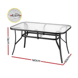 Gardeon 140CM Outdoor Dining Table Steel Frame Tempered Glass Parasol Hole Black