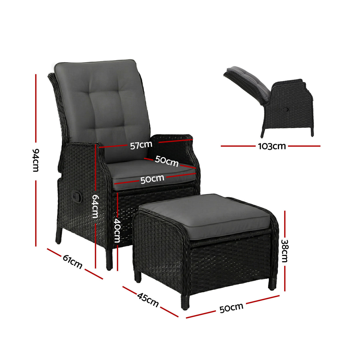 Gardeon Sun lounge Wicker Lounger Outdoor Furniture Patio Adjustable Black