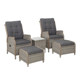 Gardeon 5PC Recliner Chairs Table Sun lounge Wicker Outdoor Furniture Adjustable Grey