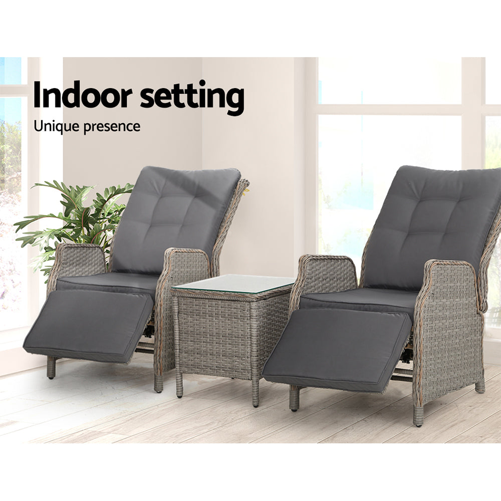 Gardeon 3PC Recliner Chairs Table Sun lounge Outdoor Furniture Wicker Adjustable Grey