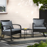 Gardeon 3PC Rocking Chair Table Wicker Outdoor Furniture Patio Bistro Set Black