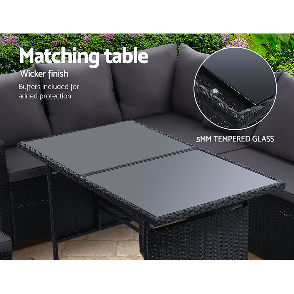 Gardeon Outdoor Dining Set Sofa Lounge Setting Chairs Table Ottoman Black Cover