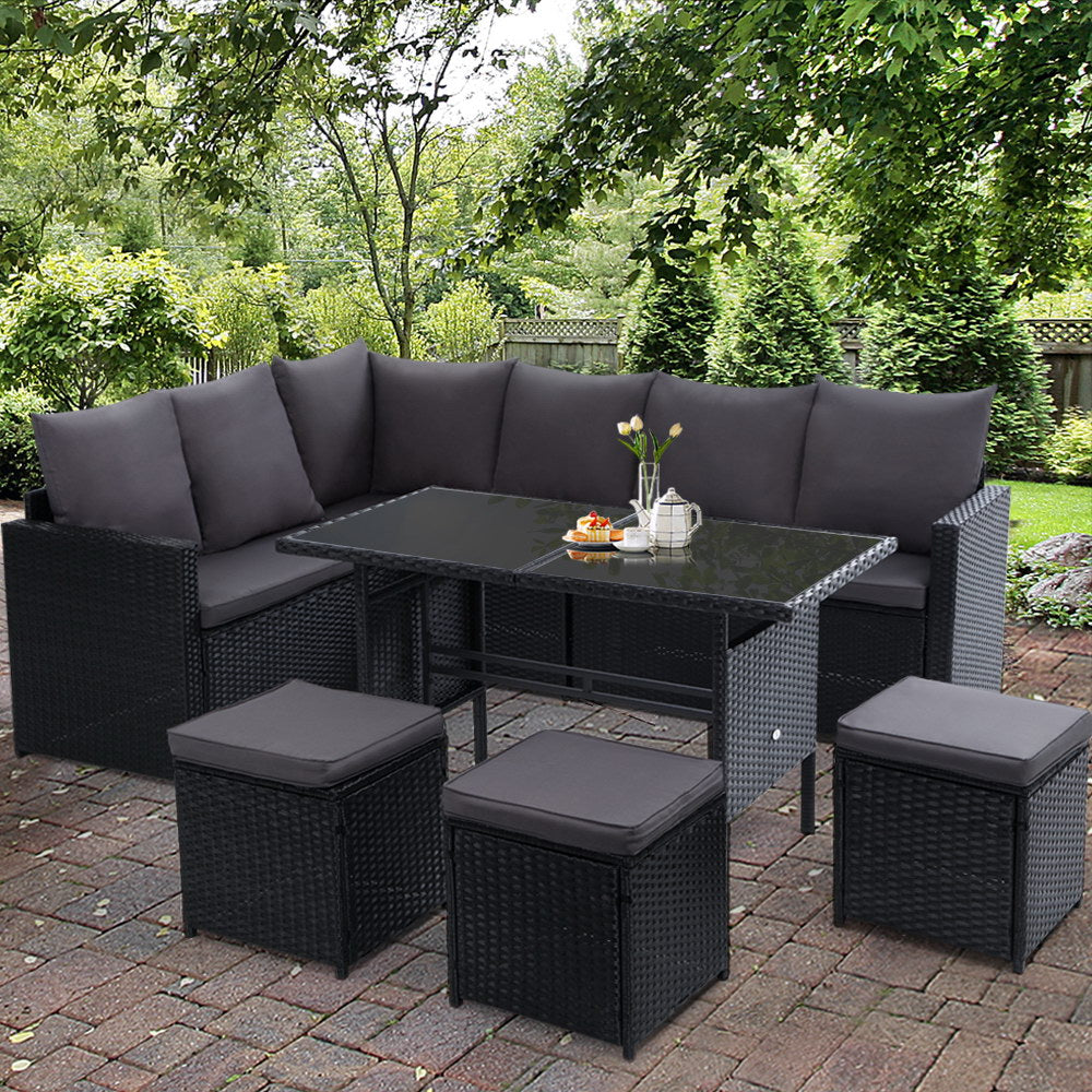 Gardeon Outdoor Dining Set Sofa Lounge Setting Chairs Table Ottoman Black Cover