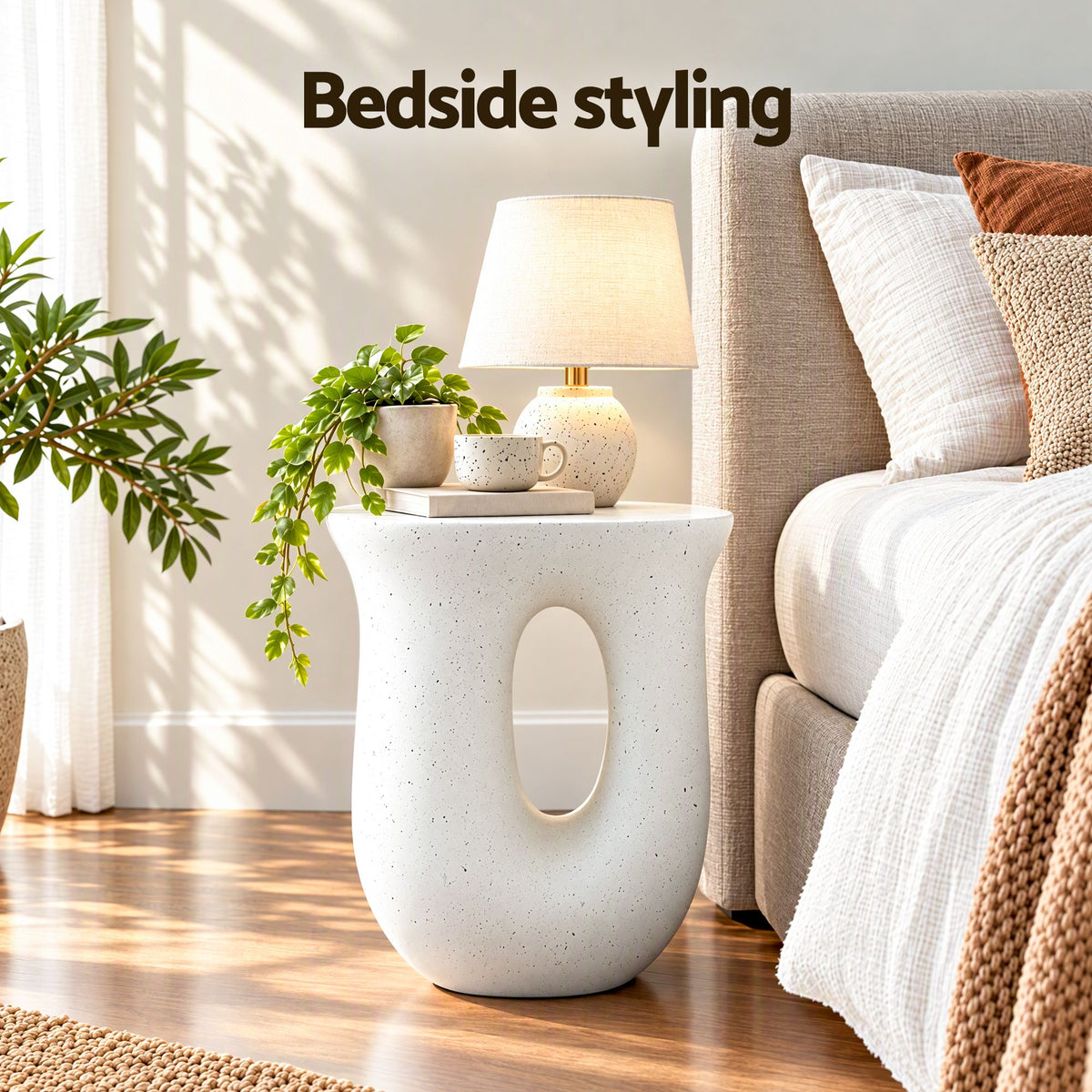 Gardeon Outdoor Side Table MGO Arch Cutout Garden Stool Stone Look White